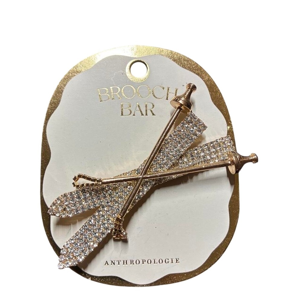 Anthropologie Brooch Bar Gold Crystal‎ Pave Crossed Skis Winter Pin New